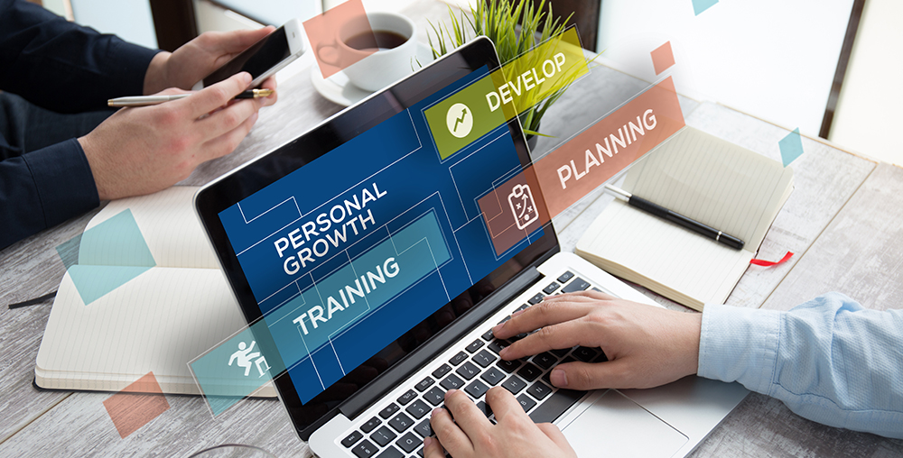 person on computer with computer screen showing personal growth, training, develop, and planning