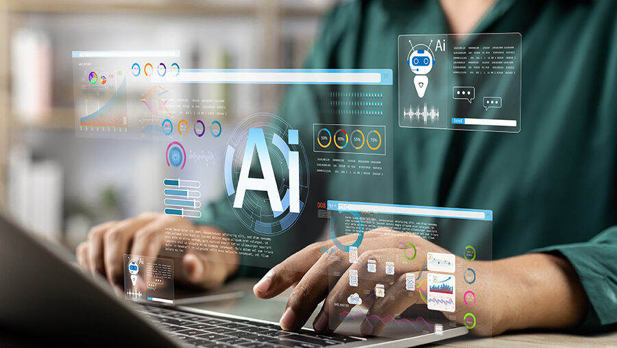person at computer with graphic AI showing on image