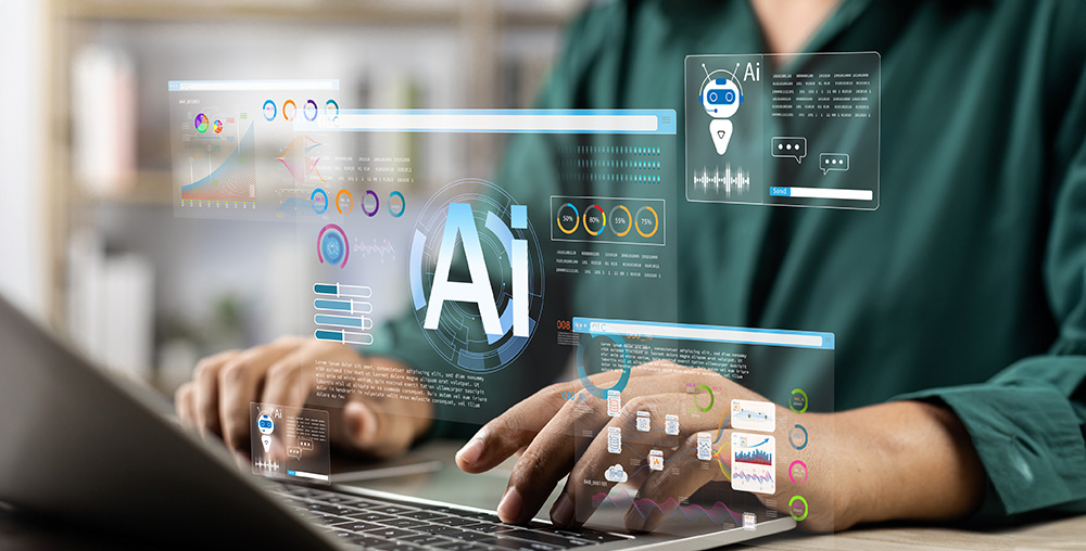person at computer with graphic AI showing on image